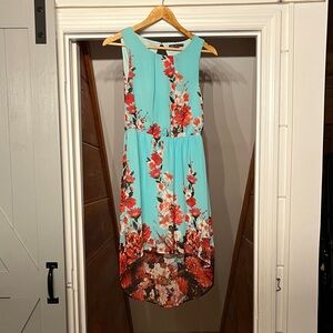 Elegant Floral High-Low Dress - Turquoise and Red